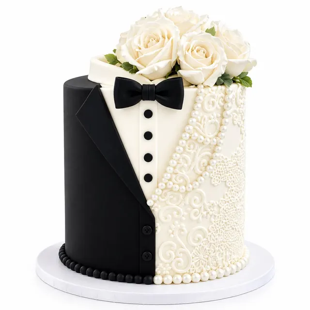 Black and white tuxedo cake with sugar roses and pearl details