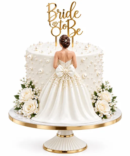 Bride-to-be cake topped with a bride figure in a lace gown and sugar flowers