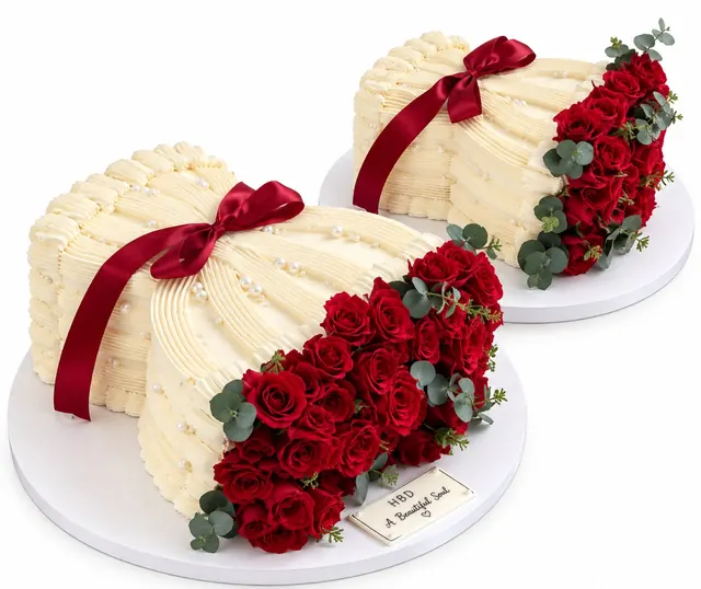 Heart-shaped cakes decorated with red sugar roses and a burgundy ribbon