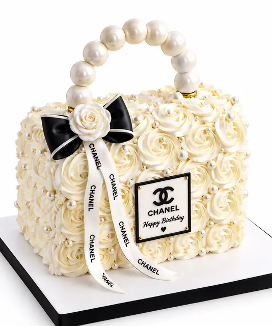 Cake designed as a cream handbag with a pearl handle and black bow
