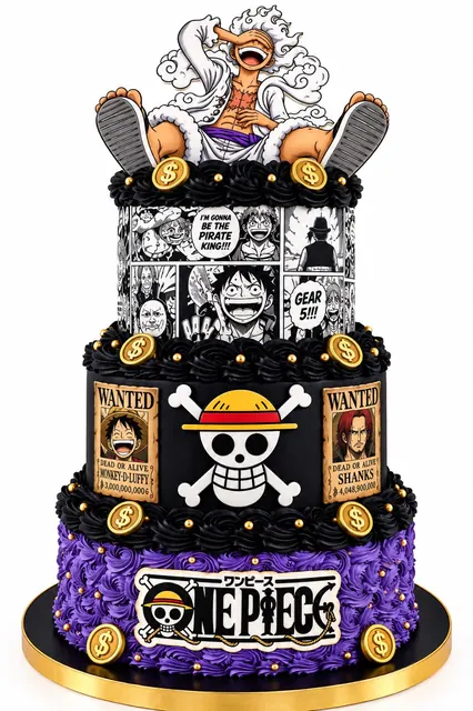 Three-tier anime-themed cake in black, gold and purple