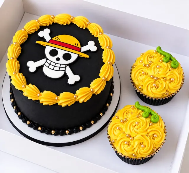 Black skull-themed cake with yellow piping beside matching cupcakes