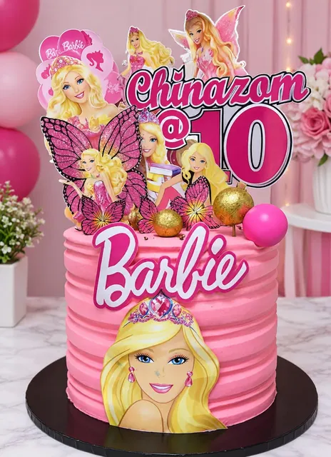 Pink fashion-doll themed birthday cake with a name and number on top