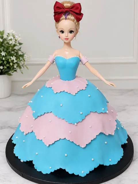 Doll cake with a blue and pink layered skirt
