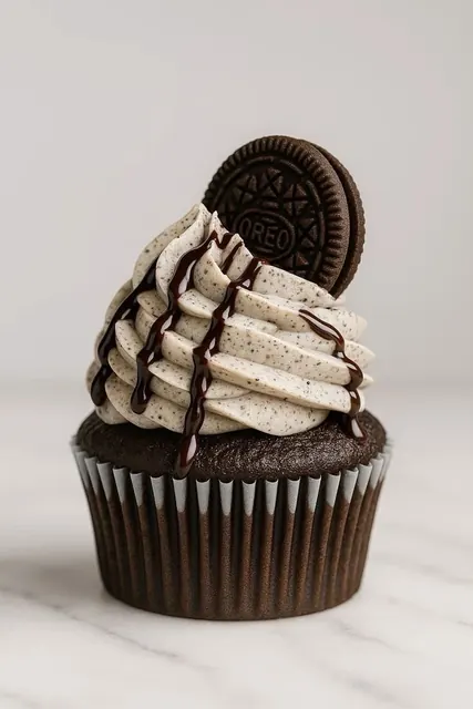 Chocolate cupcake with swirled cream frosting and a biscuit